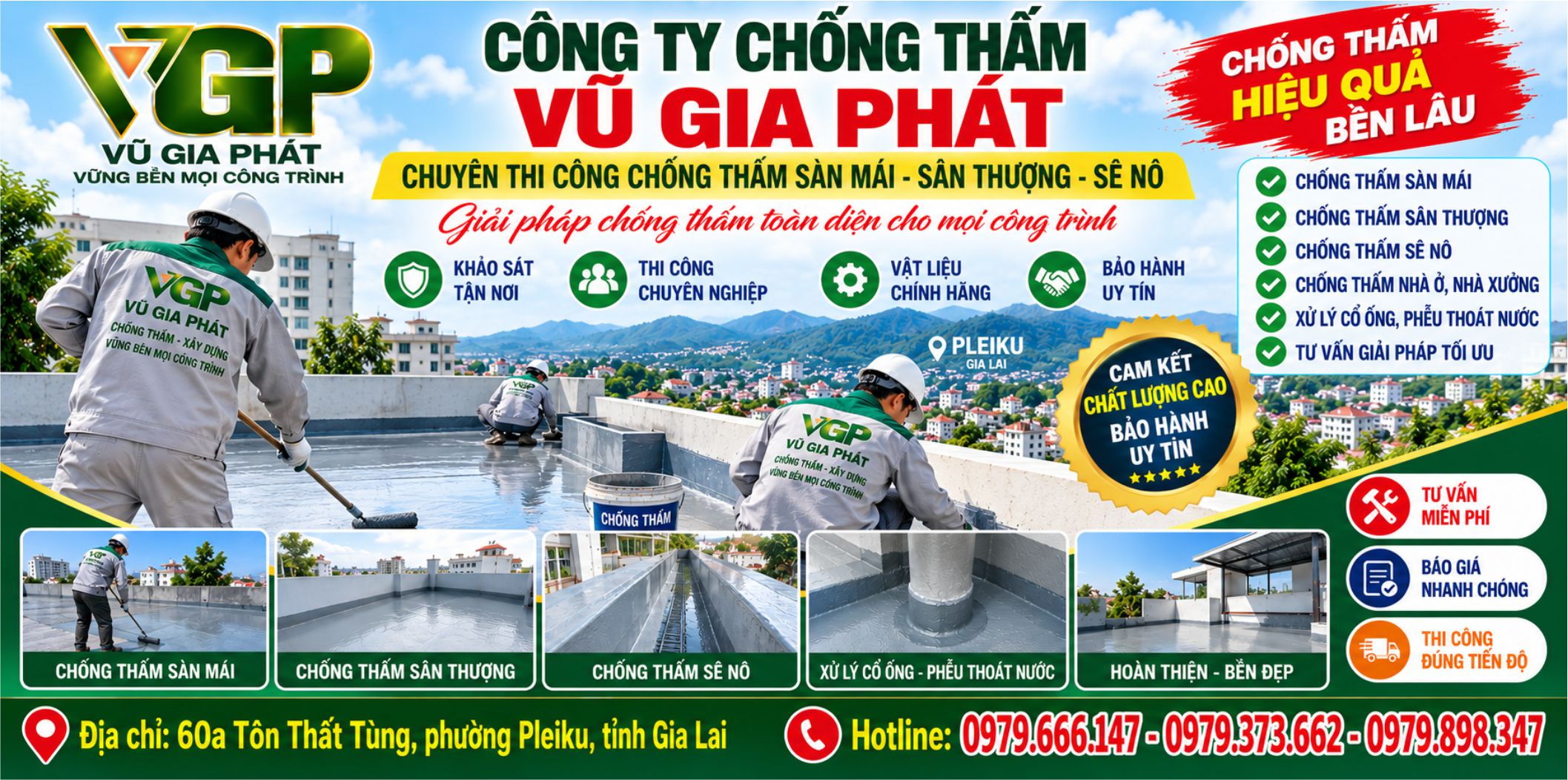 Thi công Chống thấm sàn mái sân thượng sê nô ở Pleiku Gia Lai